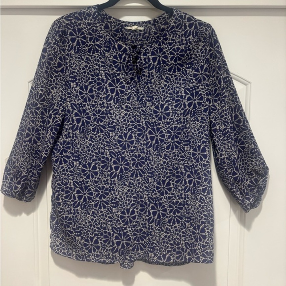 Pleione Navy and‎ Cream Patterned Blouse, 3/4 sleeves, Ties at Neckline